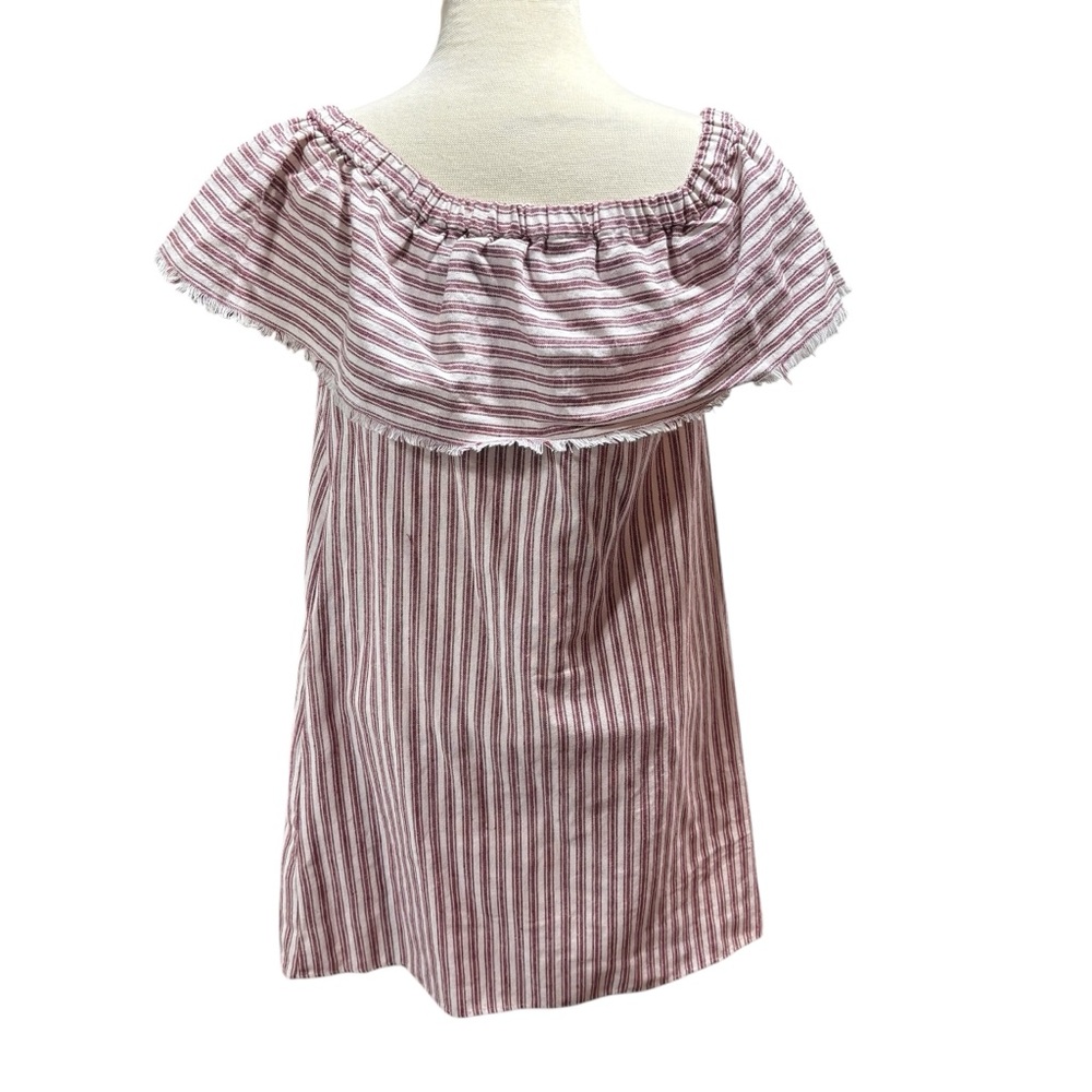 Linen Cotton Striped Off Shoulder Ruffle‎ Mini Dress Red White Fringe  #292